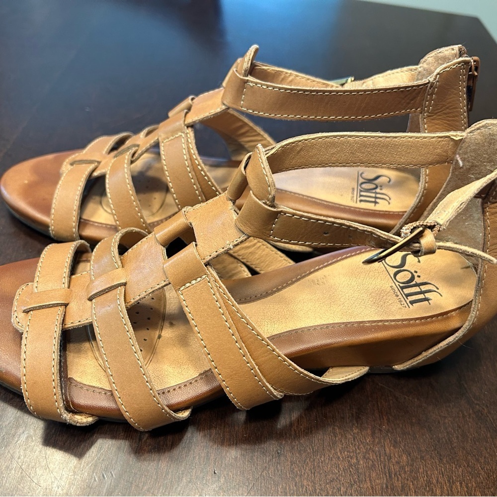 Sofft Tan Leather Sandals with Woven Straps